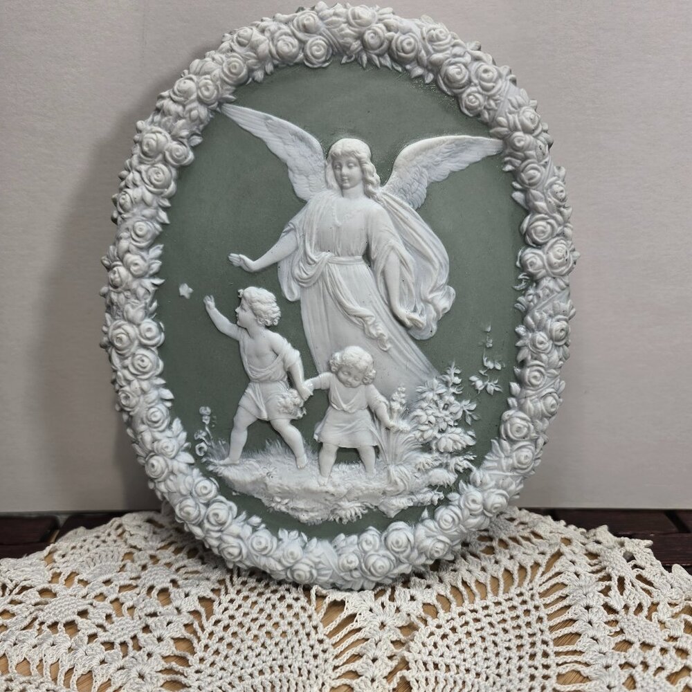 Jasperware Plaque European Guardian Angel & Children Bisque Porcelain Germany